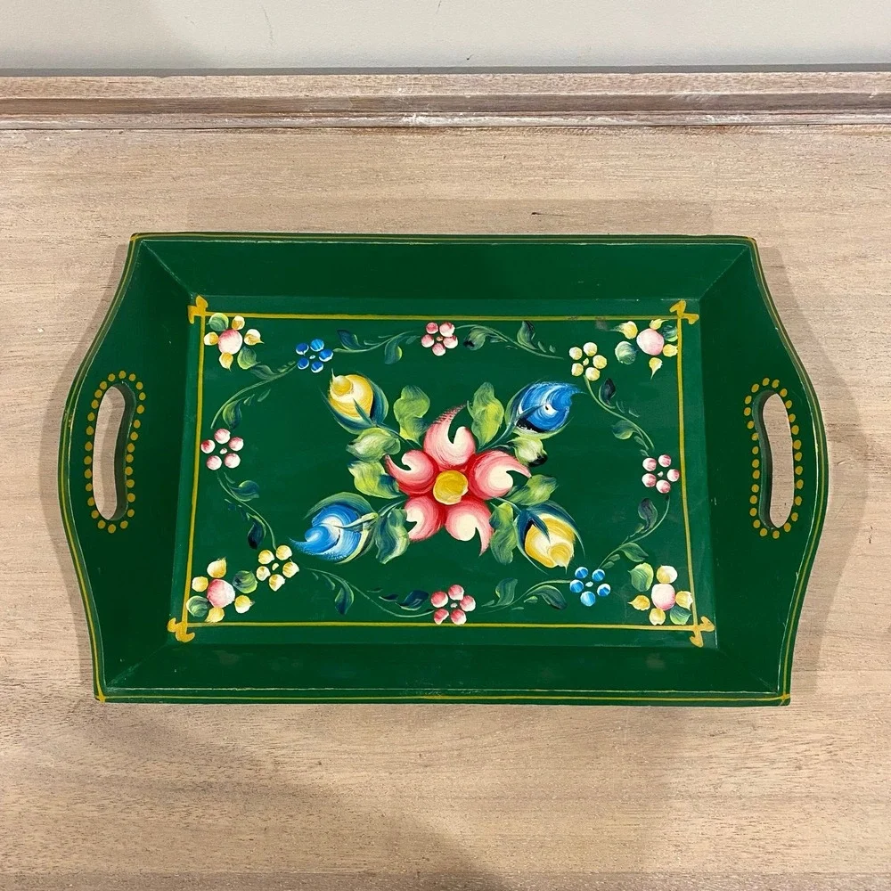 Hand Painted Vintage Wooden Tray | Floral Pattern
